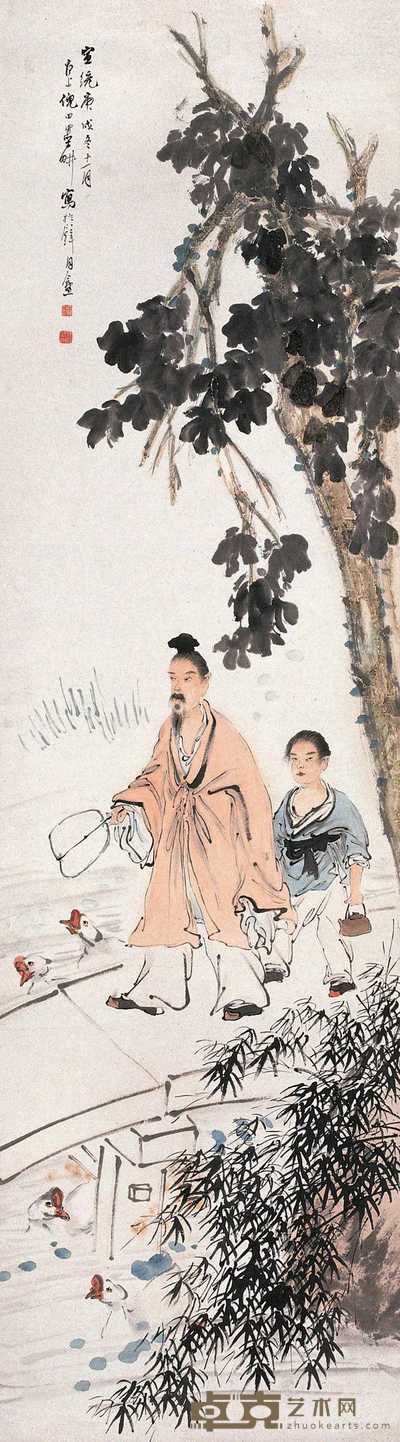 倪田 1910年作 羲之爱鹅 立轴 145.5×40.5cm